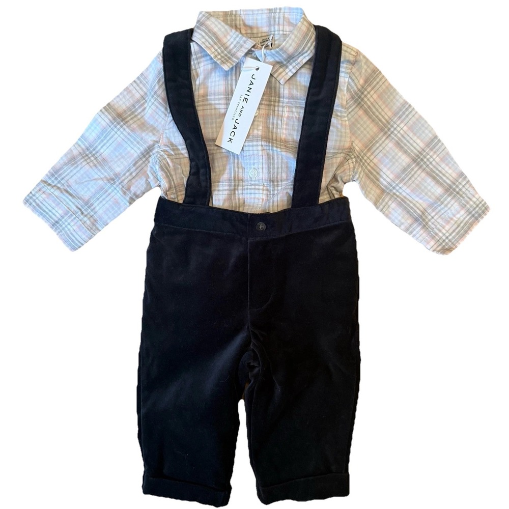 JANIE AND JACK Boys 3-6 Months Overalls With Button Up Shirt NWT in Box